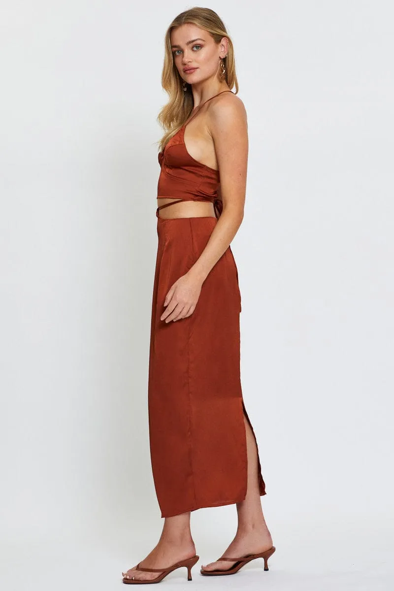 Smart Comfort Fold Over Design Beige Slip Skirt Maxi Satin