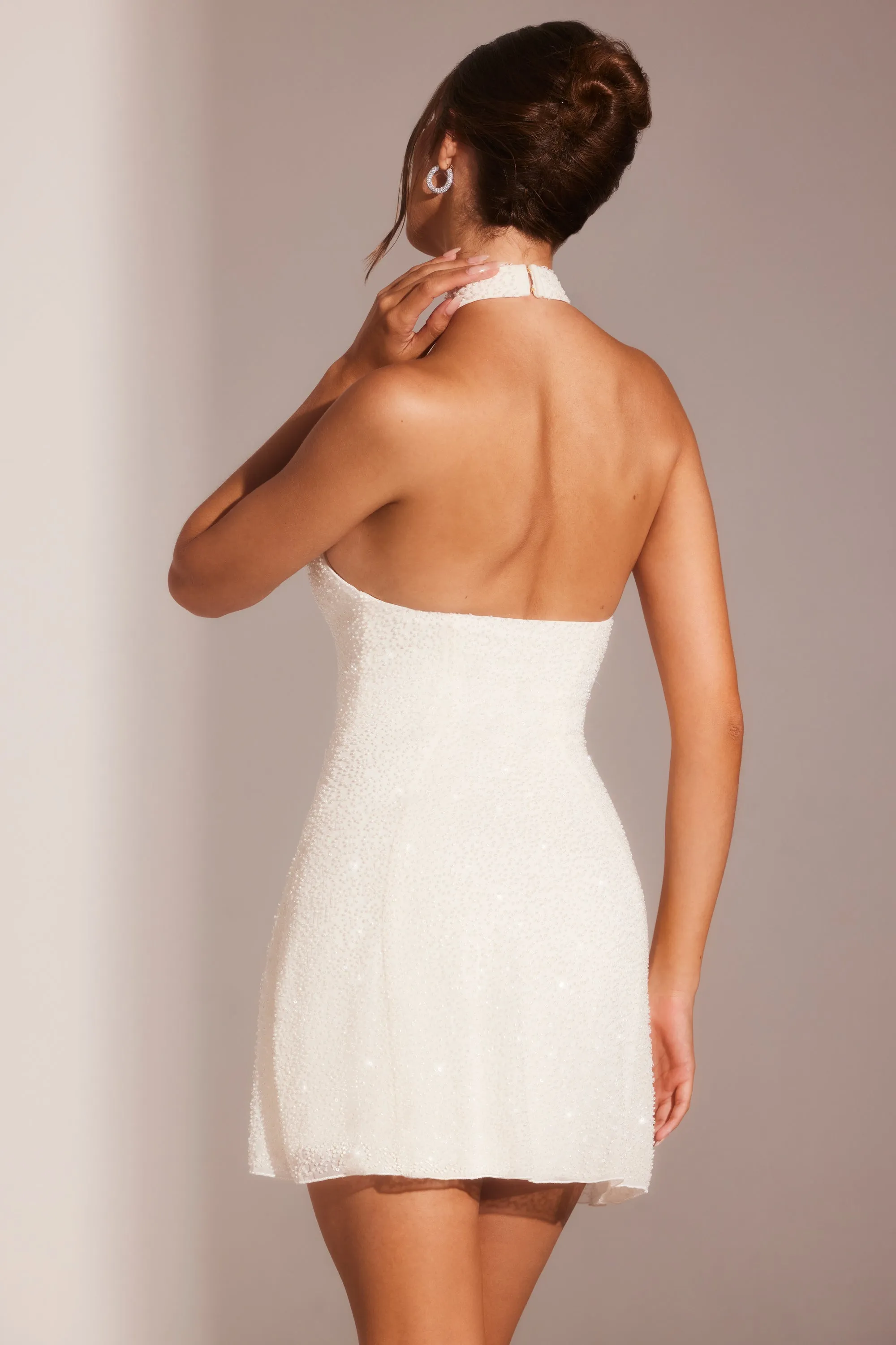 Embellished Asymmetric Neck A-Line Mini Dress in White Pleated Texture Effect