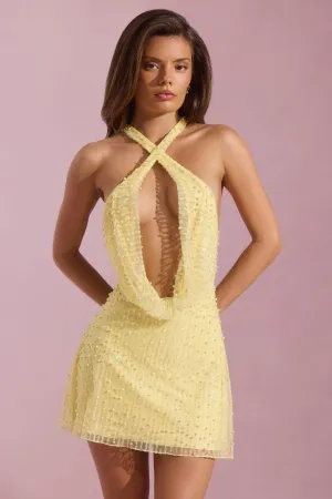 Hot Star Embellished Cowl-Neck Backless Mini Dress in Yellow