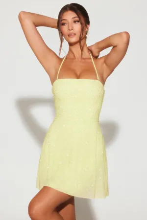 Embellished Multi Wear A-Line Mini Dress in Lime Green Seam Free Edges Timeless Chic