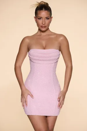 Trendy Charm Embellished Strapless Cowl Neck Mini Dress in Blush