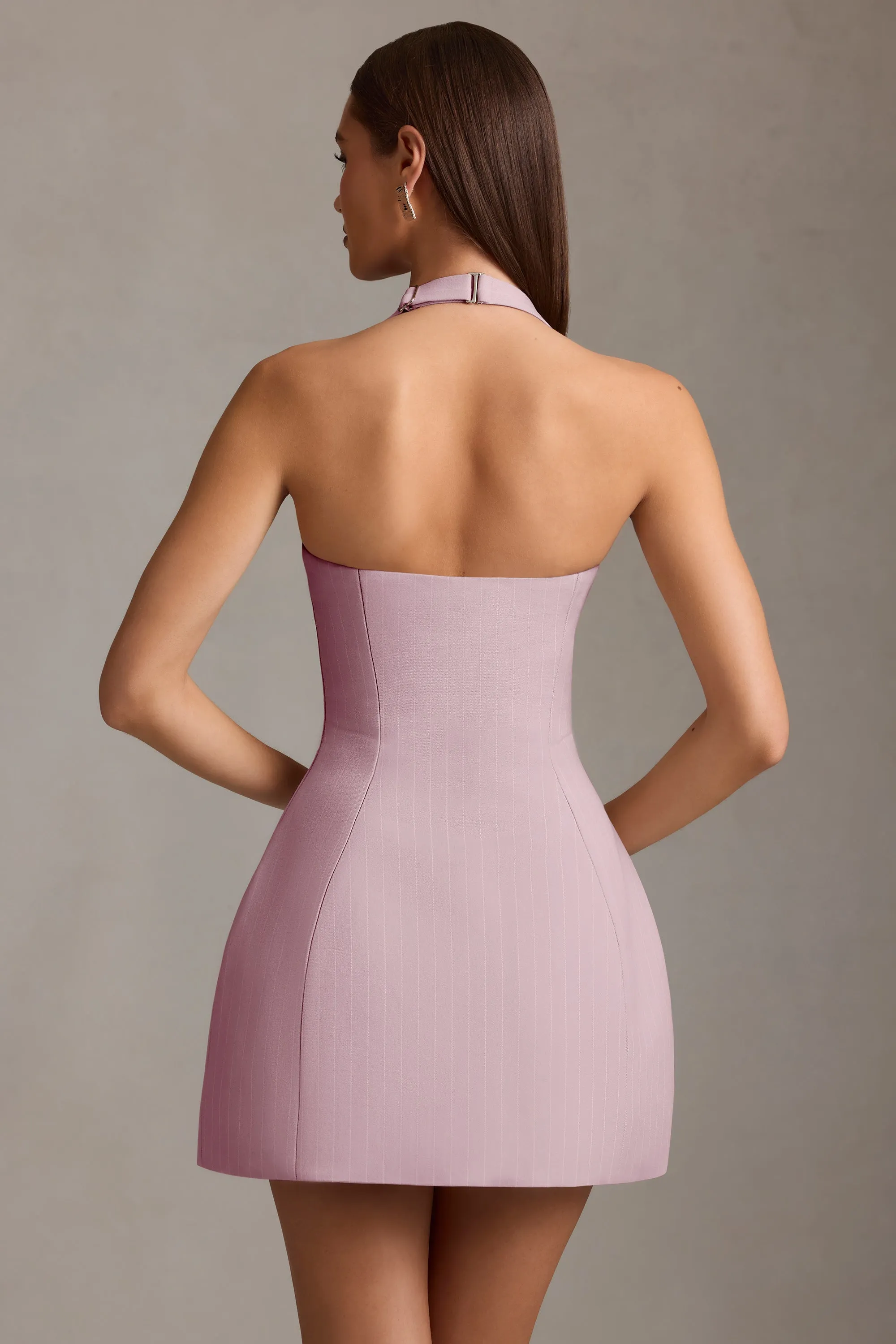 Pinstripe Halterneck Structured A-Line Mini Dress in Mauve Shine Light