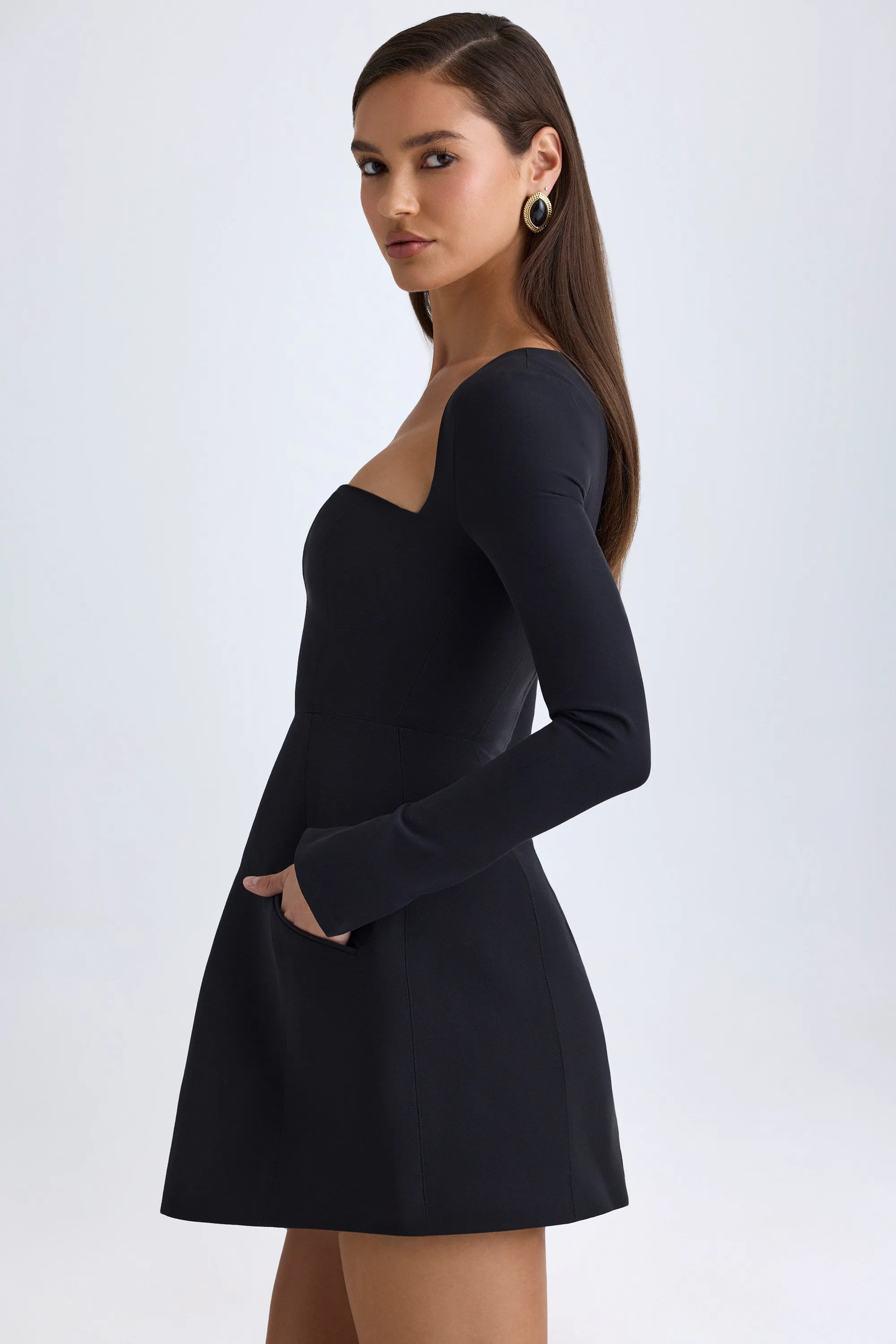 Square-Neck Structured Tulip Mini Dress in Black skin friendly