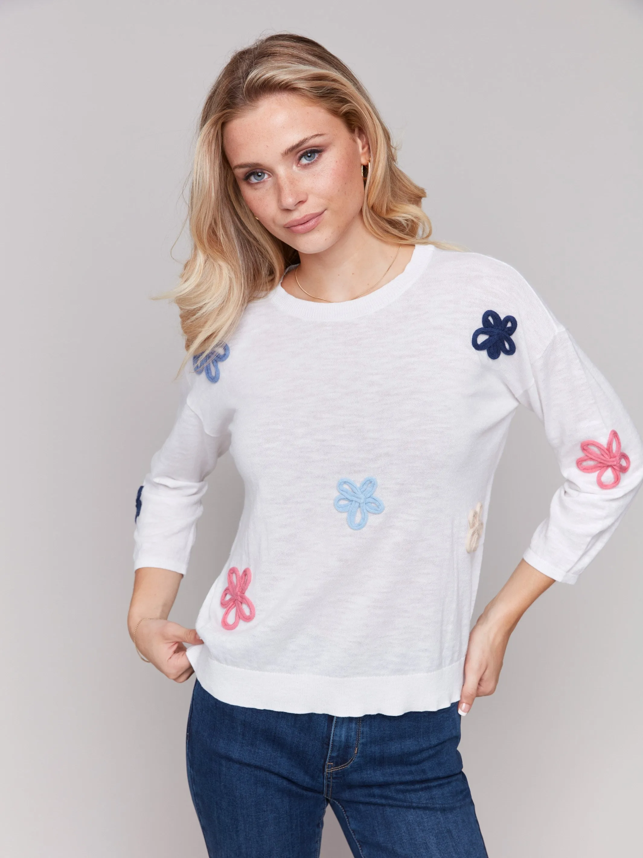 Drop Shoulder Fine Gauge Knit Cotton Sweater with Flower Patches - White