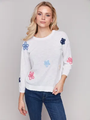 Breathable Knitwear Cotton Sweater with Flower Patches - White