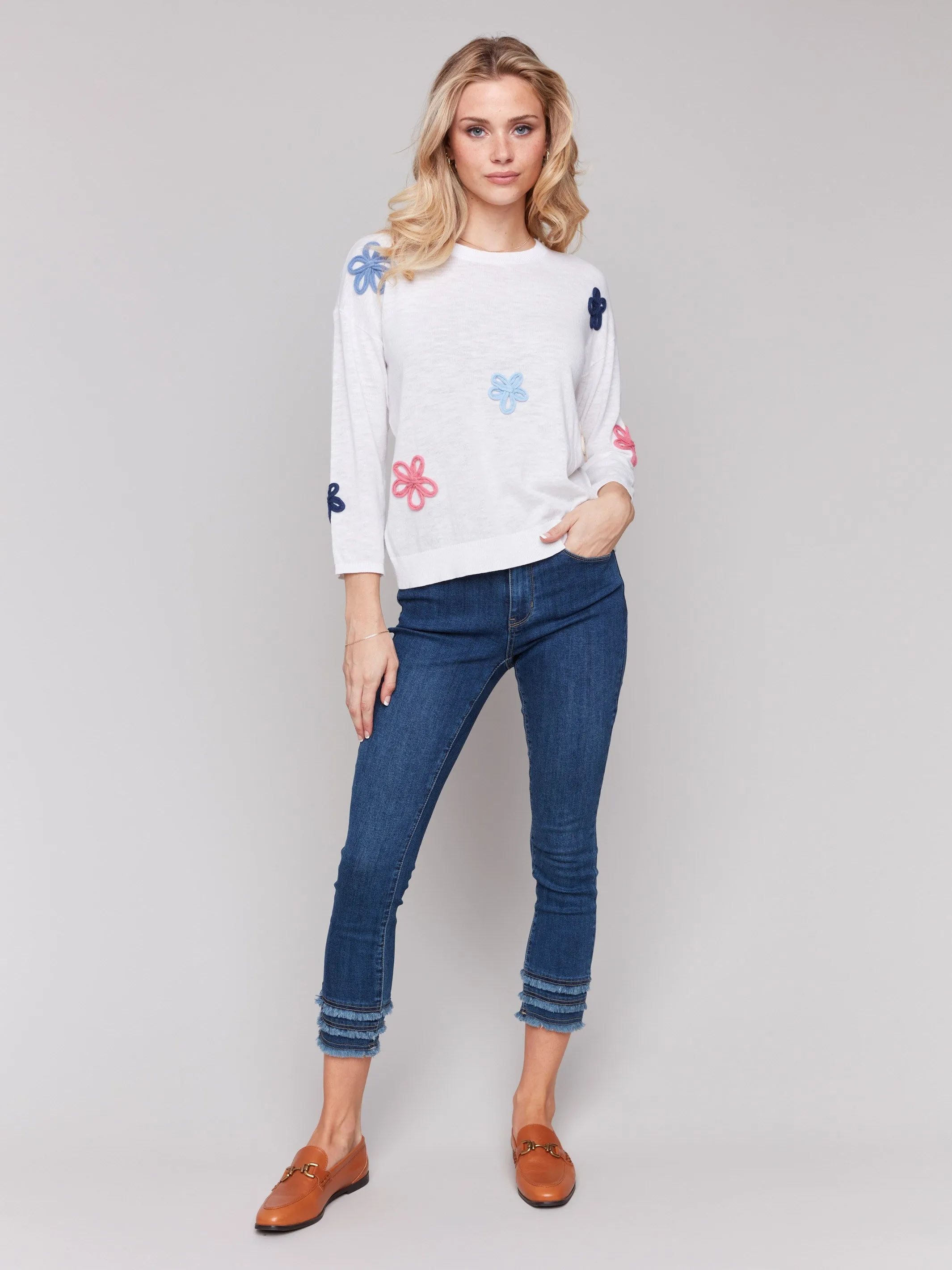 Cotton Sweater with Flower Patches - White Cozy Fleece