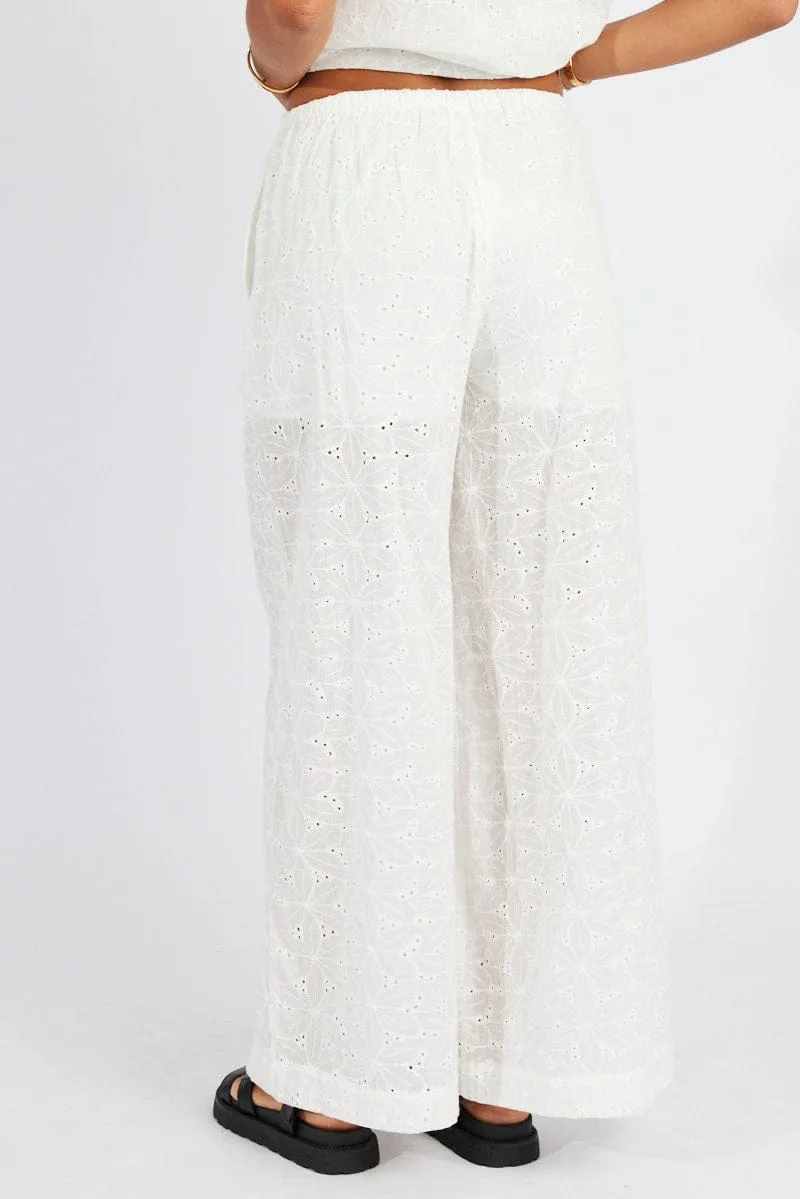 breath easy ReinforcedHemline White Wide Leg Pants Mid Rise Eyelet