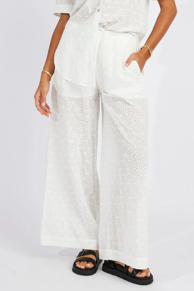 White Wide Leg Pants Mid Rise Eyelet Ultimate Comfort ReflectiveAccentDetails