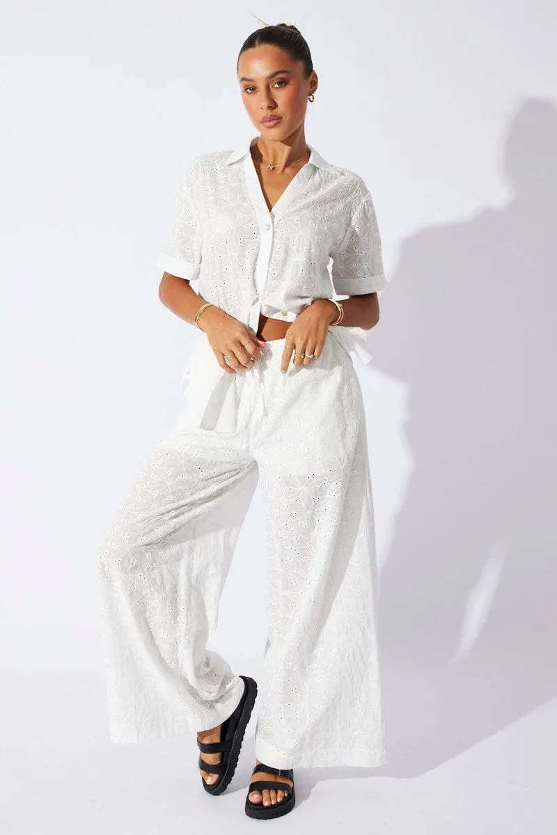 White Wide Leg Pants Mid Rise Eyelet Reinforced Knees High Rise