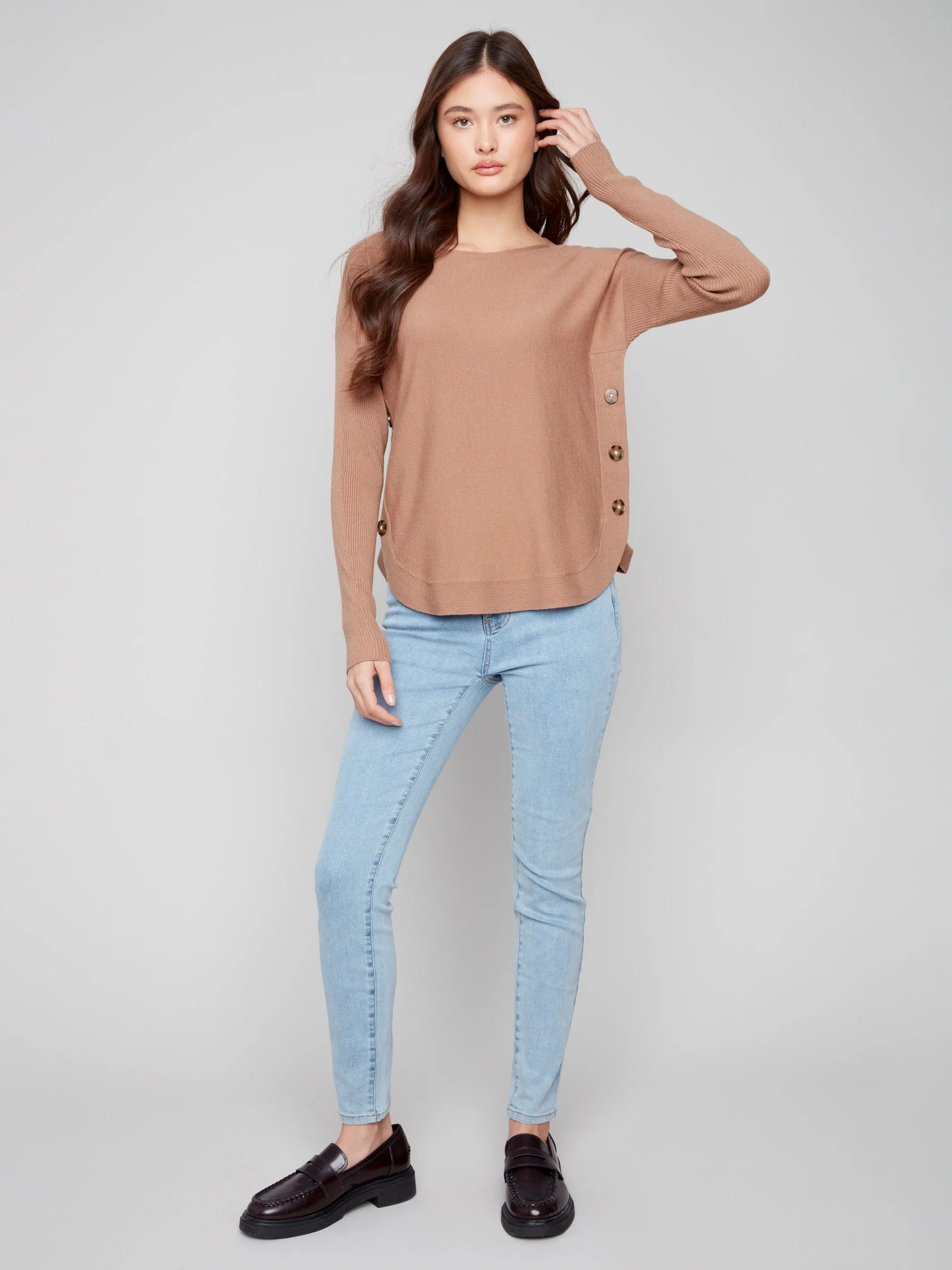 Four Way Stretch Fabric Boat Neck Sweater With Side Buttons - Truffle