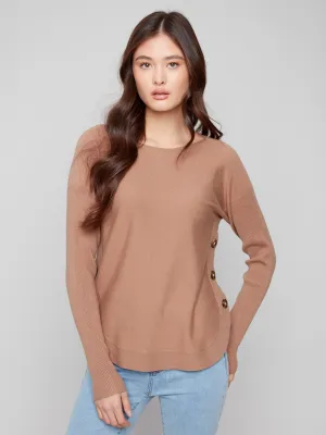 Boat Neck Sweater With Side Buttons - Truffle Layered Wear Knit Fit