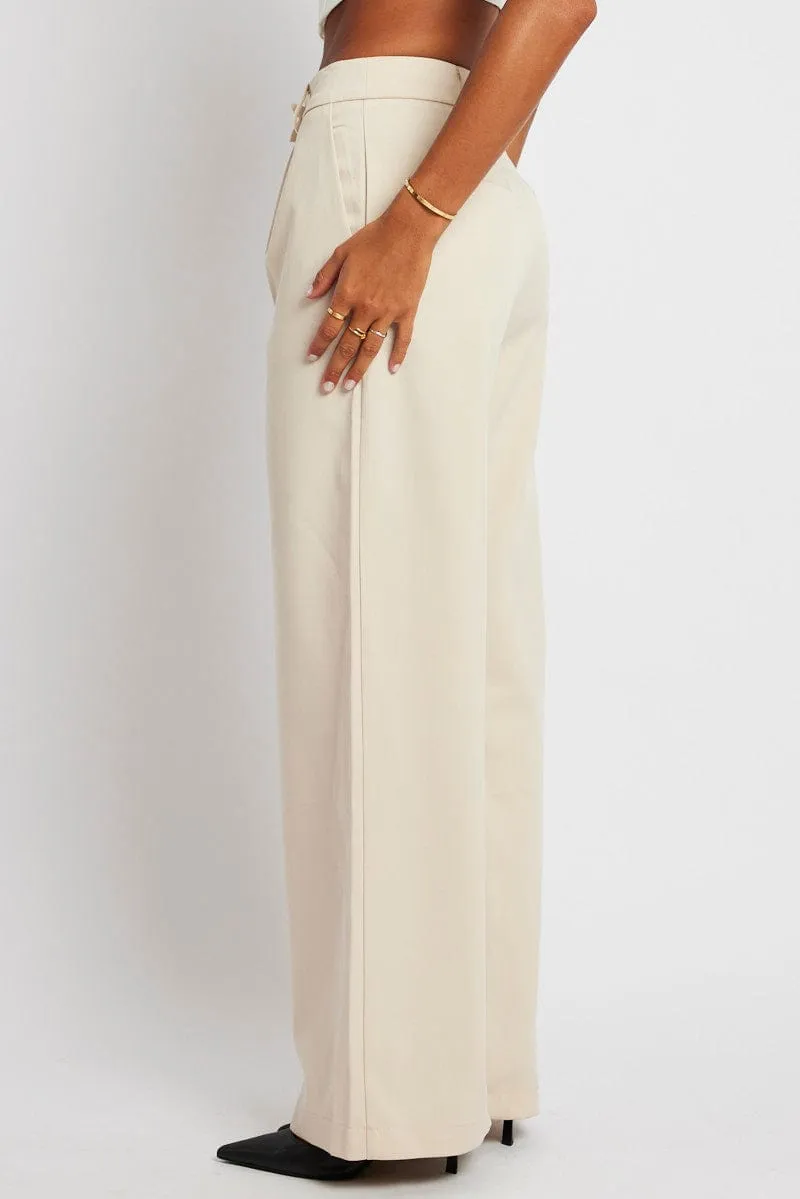 Beige Wide Leg Pants Mid Rise No Gap Waist Water-resistant
