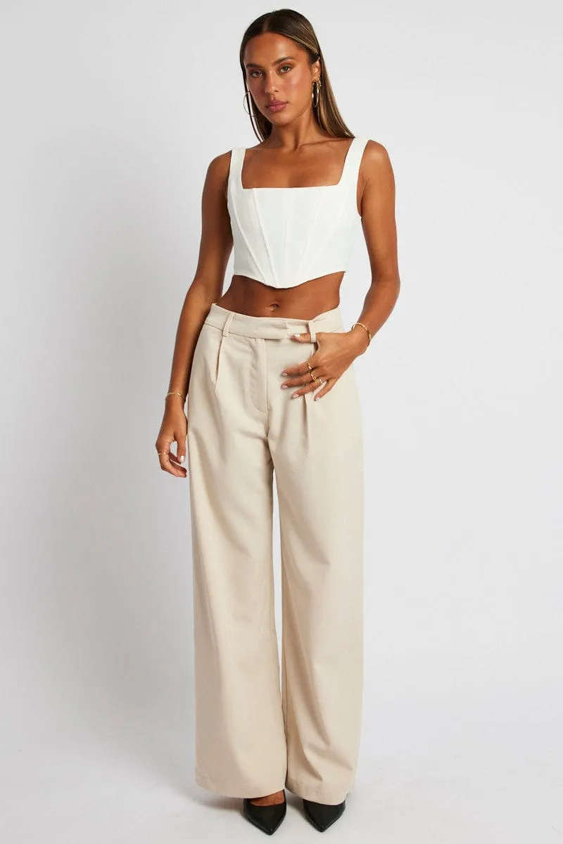 Raw edge Decorative stitching Beige Wide Leg Pants Mid Rise