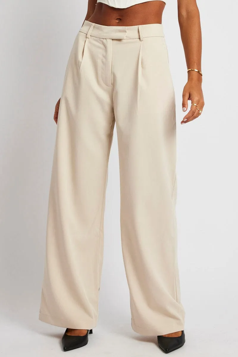 Beige Wide Leg Pants Mid Rise MoistureWicking Quick Cool