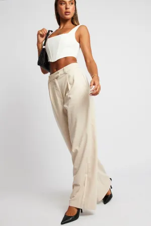 Beige Wide Leg Pants Mid Rise Water Resistant