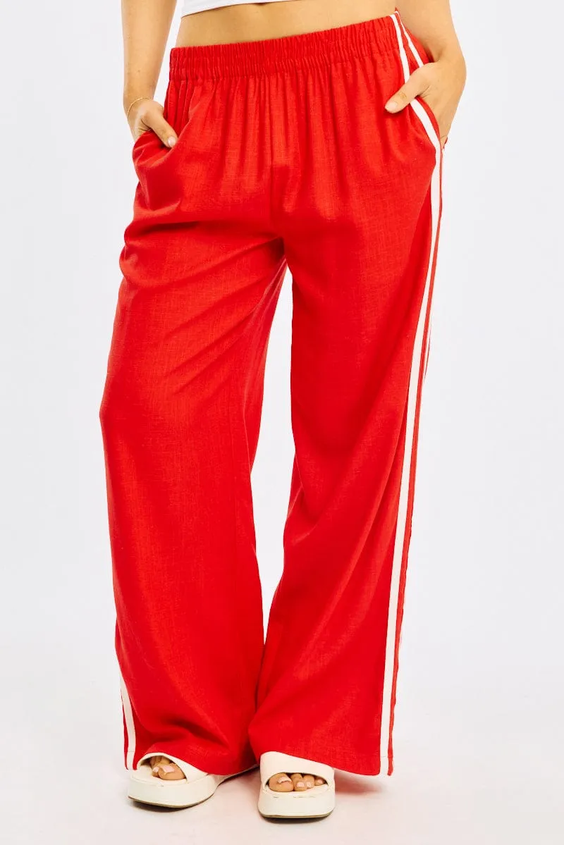 Red Wide Leg Pants Side Stripe Flexible Use All Day Use