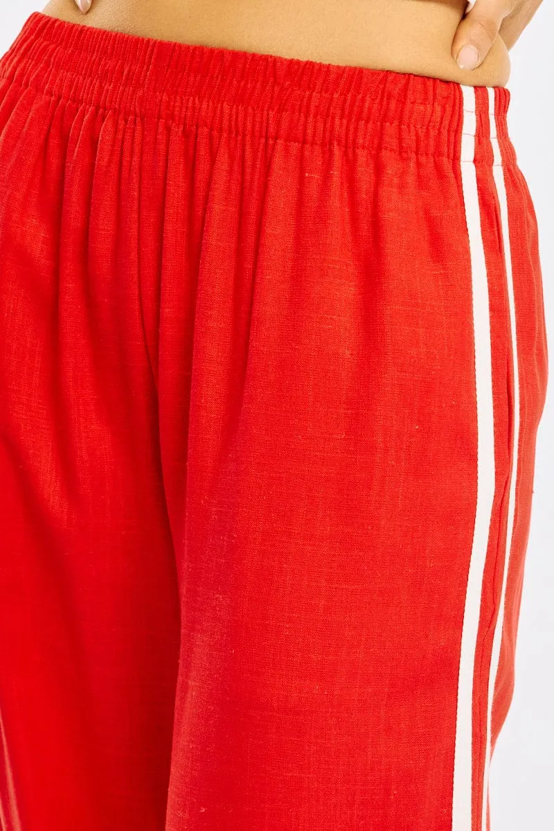 Red Wide Leg Pants Side Stripe Flexible Ankle Cuffs