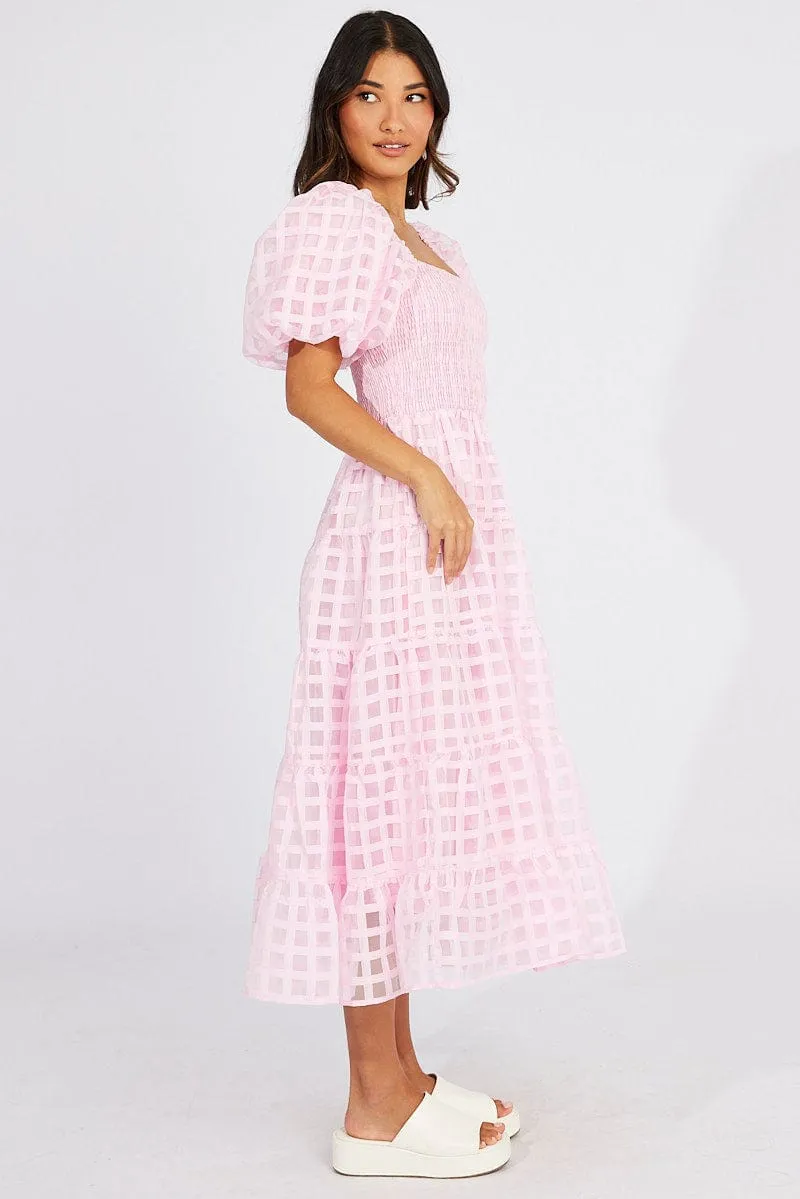 Pink Midi Dress shirred Bust Puff Sleeve Stylish below-the-knee gown Jade Glow