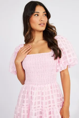 Pink Midi Dress shirred Bust Puff Sleeve Effortless day-to-evening dress Tulle Light