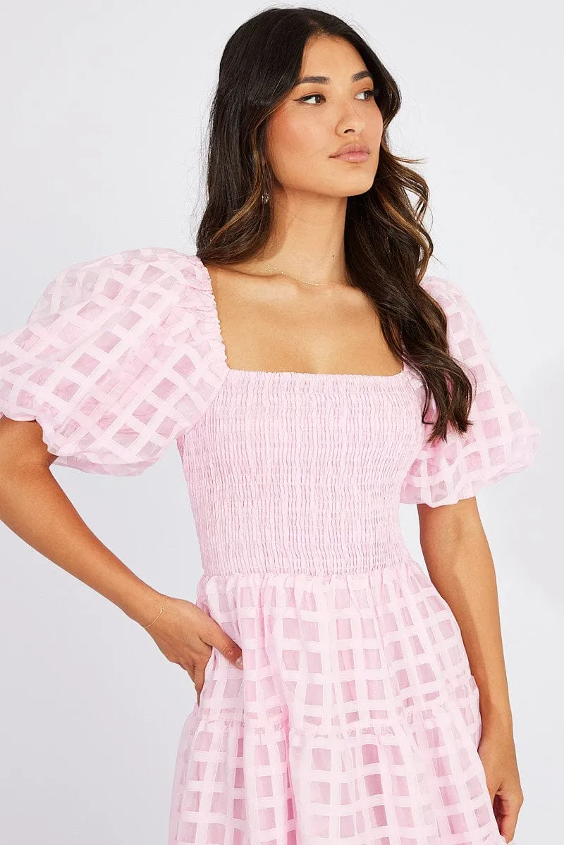 Pink Midi Dress shirred Bust Puff Sleeve Lake Park