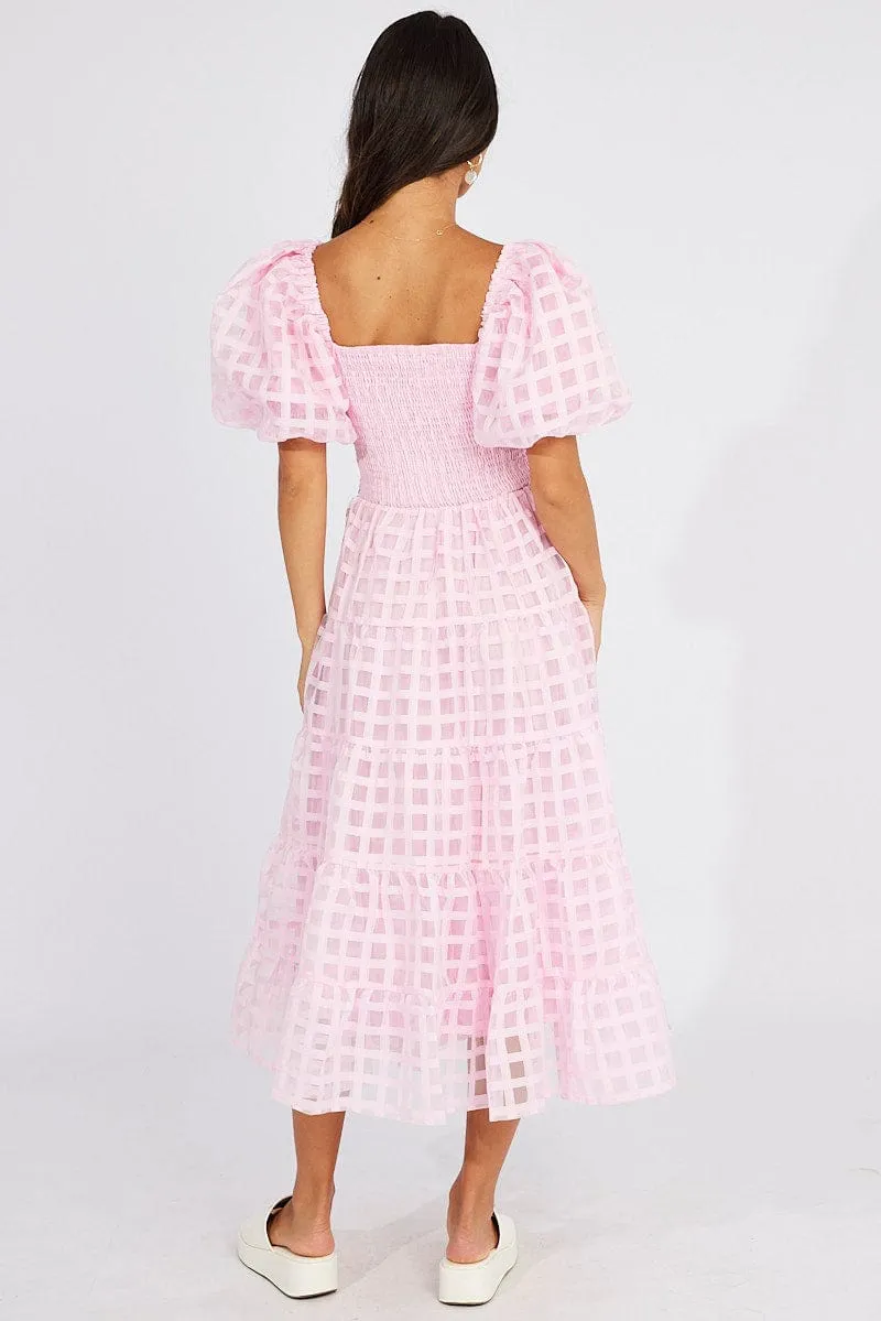 Pink Midi Dress shirred Bust Puff Sleeve Chic everyday outfit