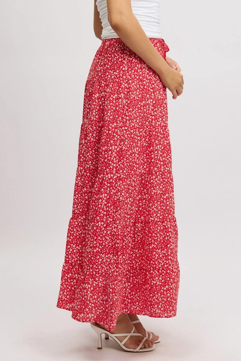 Red Ditsy Maxi Skirt Tiered High Rise Soft Styling