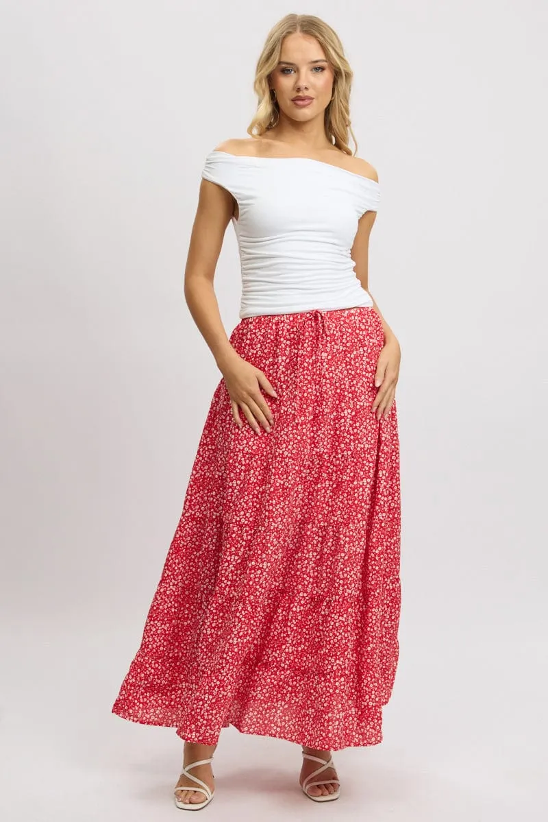 Red Ditsy Maxi Skirt Tiered High Rise Weekend Look