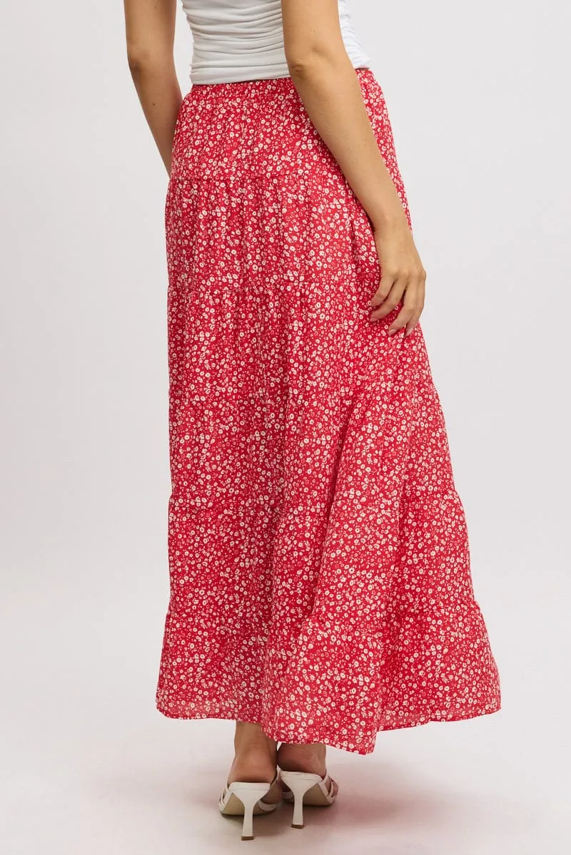 Neat Style Red Ditsy Maxi Skirt Tiered High Rise