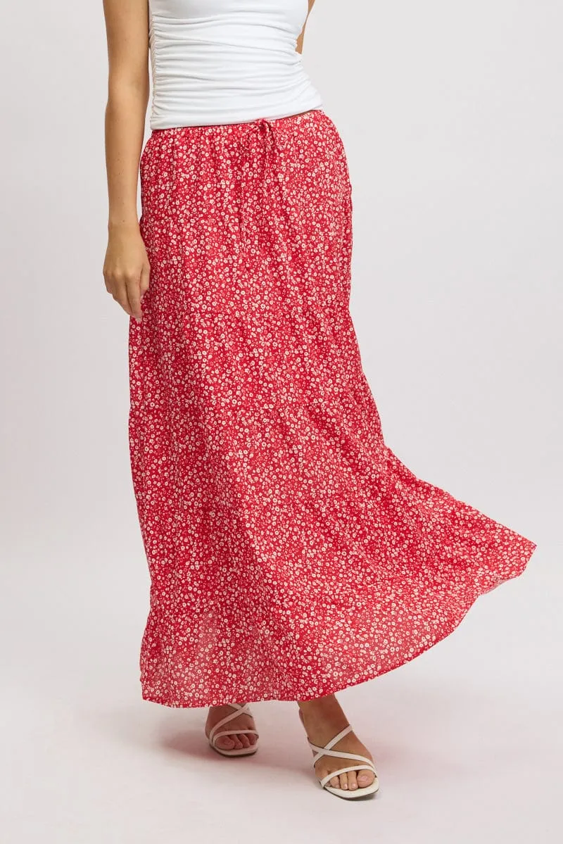 Red Ditsy Maxi Skirt Tiered High Rise Light Motion Breathable Lining