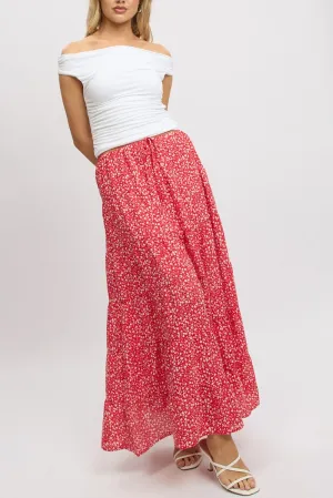 Comfortable Motion Red Ditsy Maxi Skirt Tiered High Rise