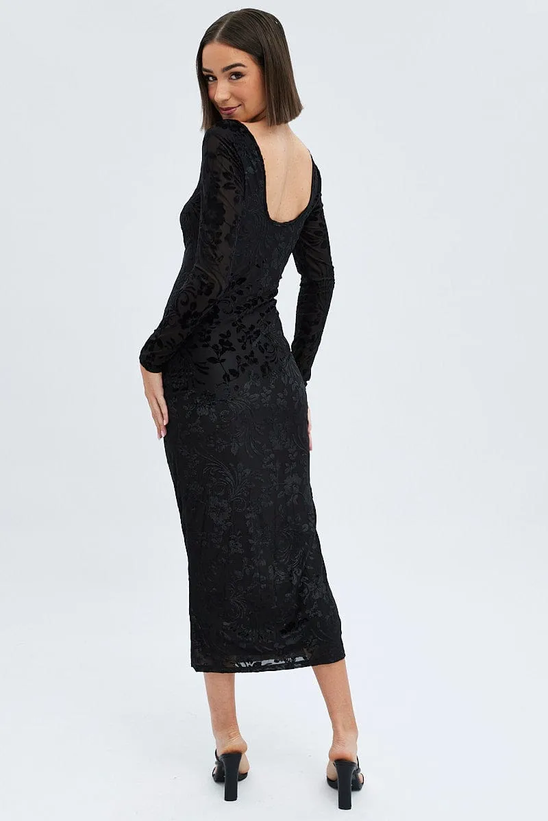 Casual Wear Black Midi Dress Long Sleeve Bodycon Mesh