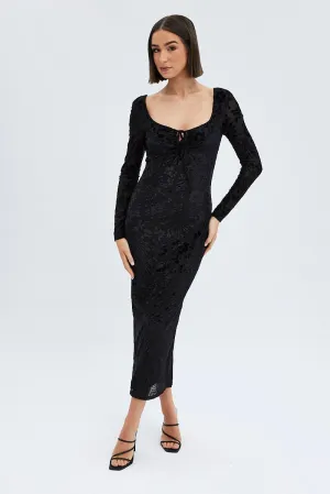 Black Midi Dress Long Sleeve Bodycon Mesh Timeless Look