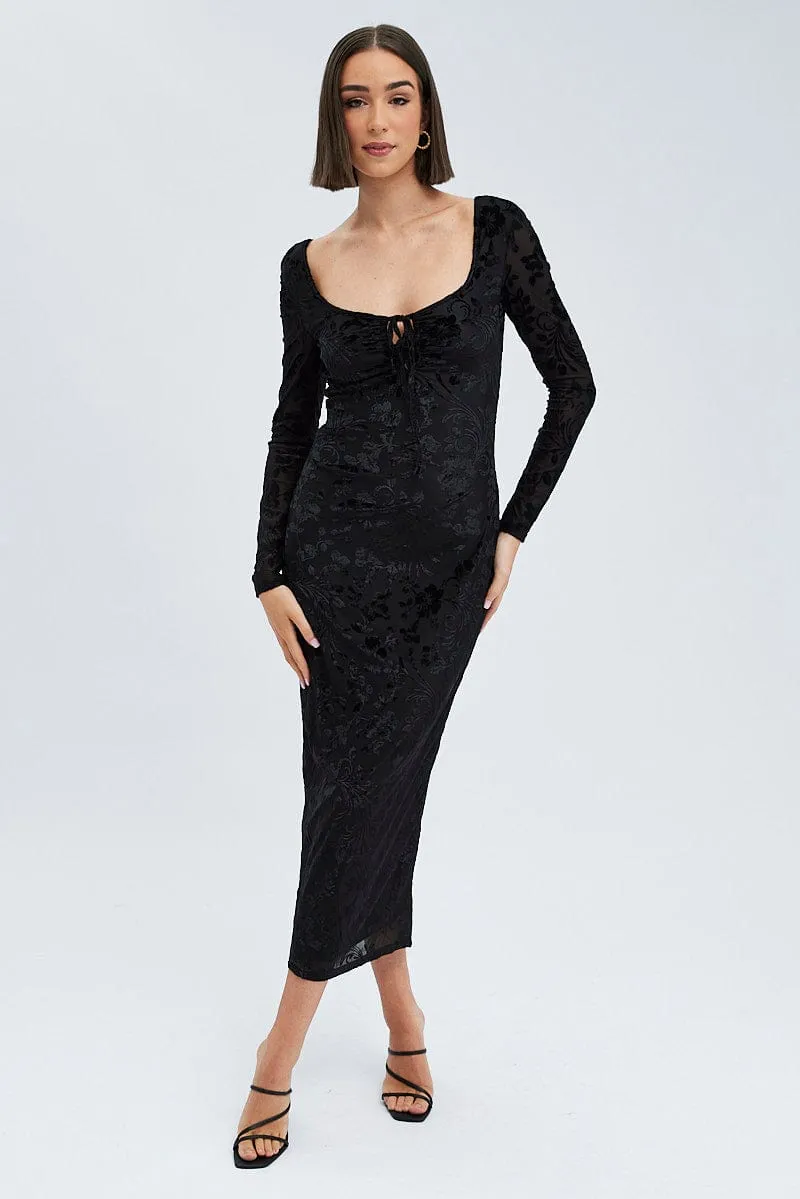 Shadow Play Black Midi Dress Long Sleeve Bodycon Mesh