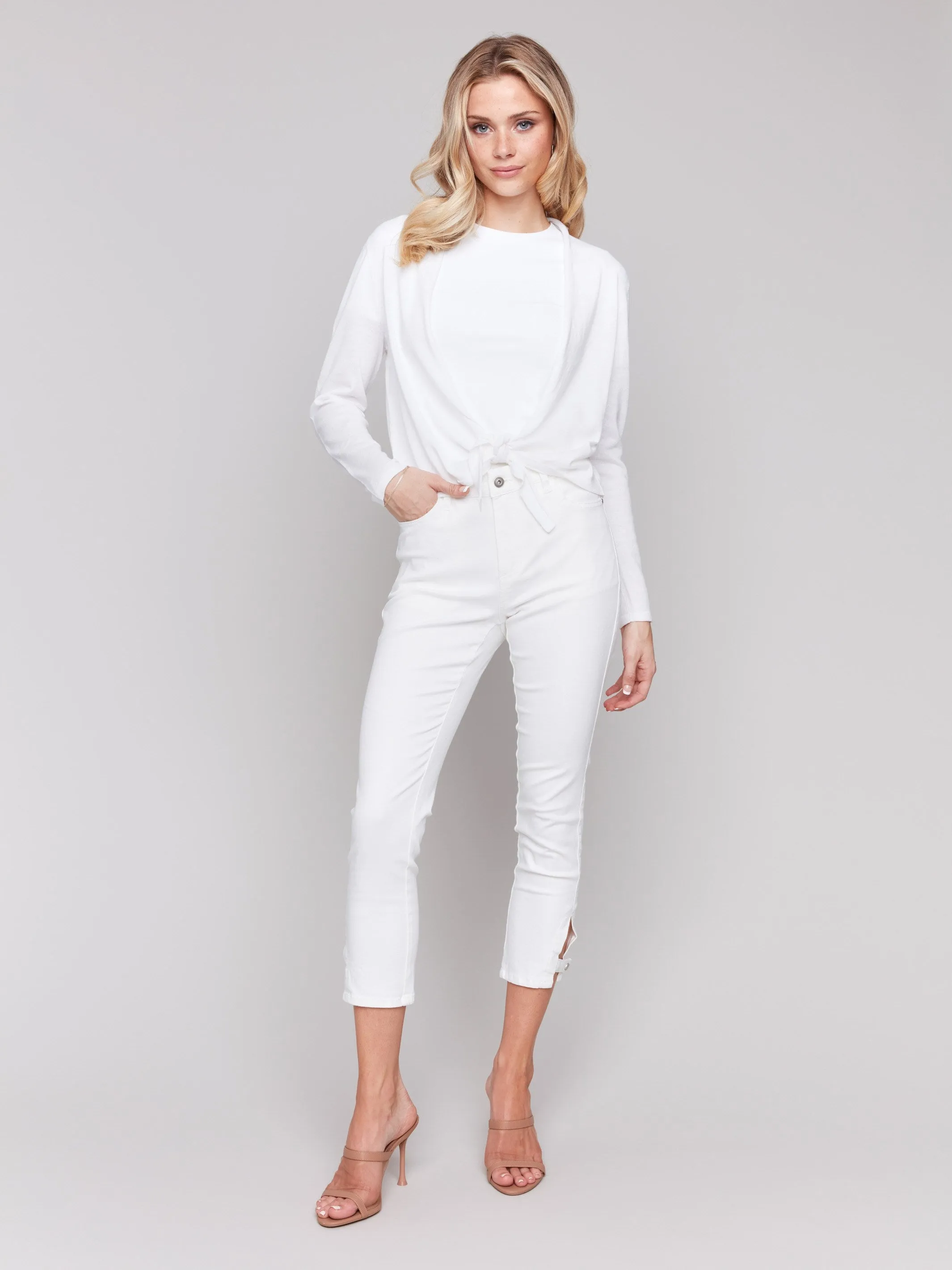 Tie Front Bolero - White Cozy Fabric Stretchable Cuff