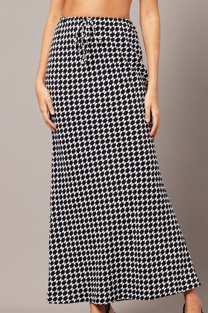 Black Geo Slip Skirt Maxi Drawstring Waist Linen blend