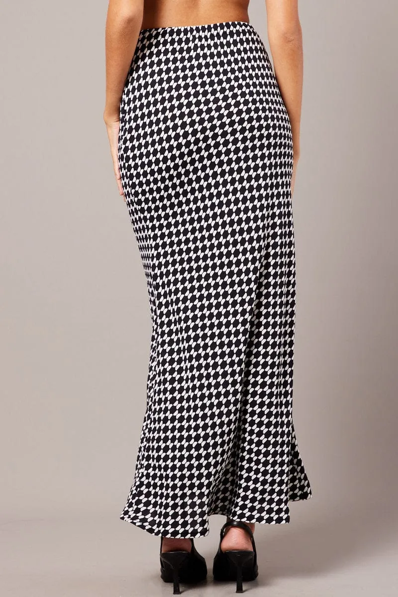 Refined Mood Black Geo Slip Skirt Maxi Drawstring Waist