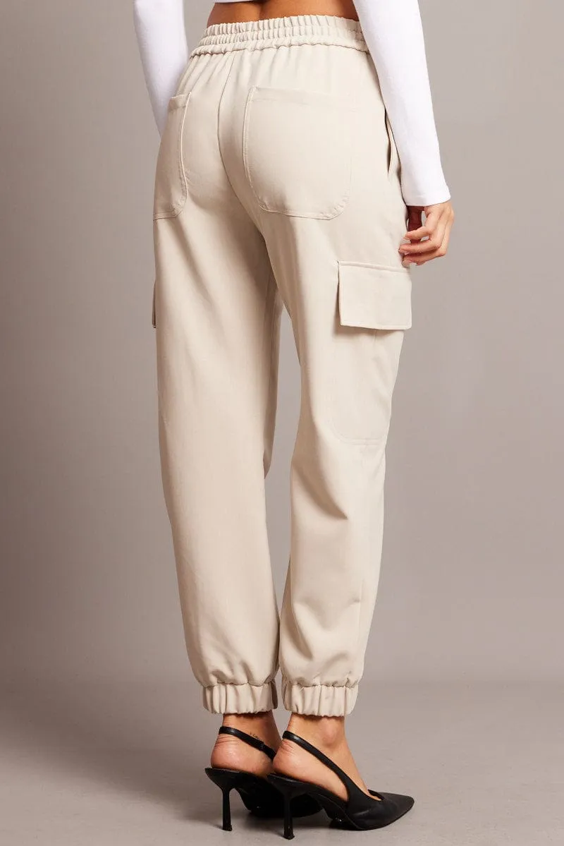 Trendy Cut Beige Slim Pants Elasticated Hem