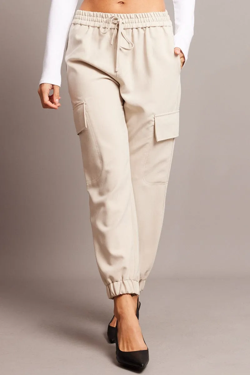 Versatile Design Beige Slim Pants Elasticated Hem