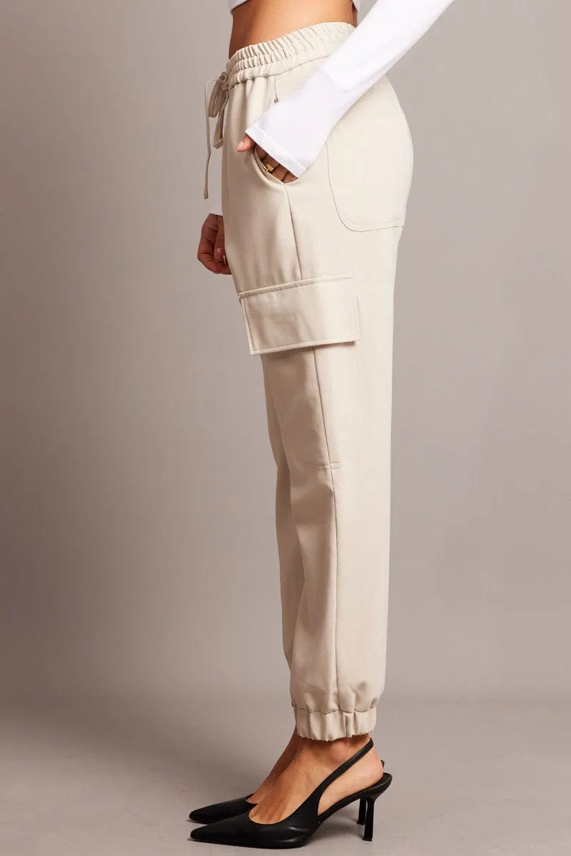 Classic Elegance Beige Slim Pants Elasticated Hem