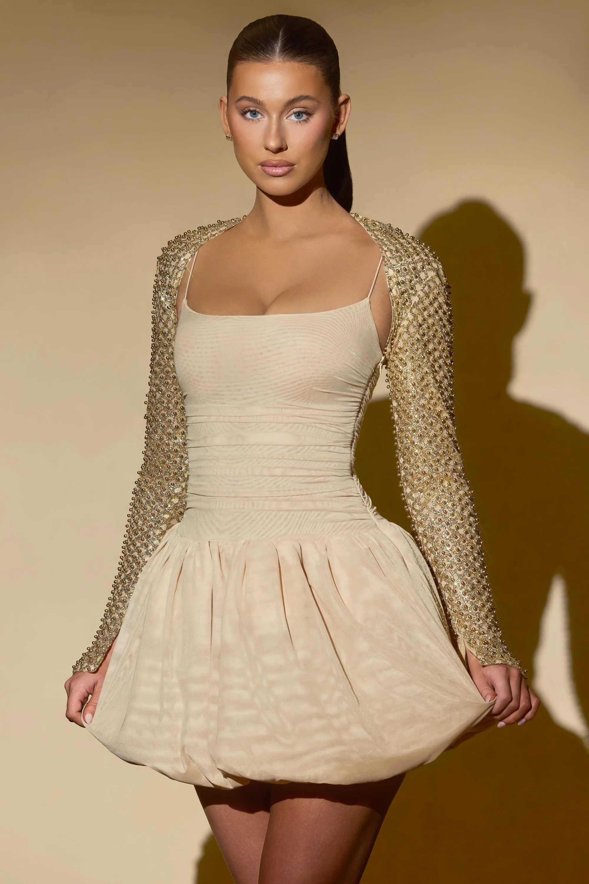 Embellished Bubble Hem Mini Dress in Gold Effortless Fashion Playful Design
