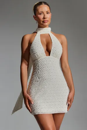 Fun statement mini Summer Ready Look Embellished Scarf-Detail Halterneck Mini Dress in White