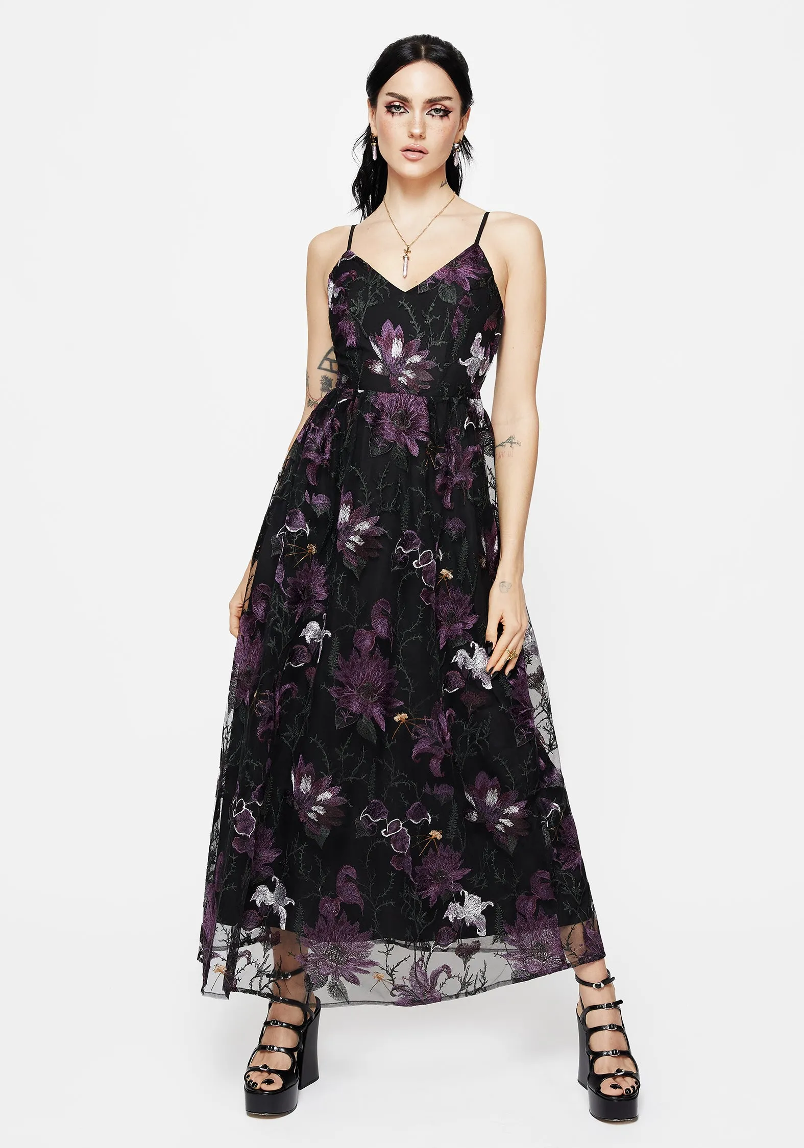 Estrid Embroidered Mesh Midaxi Cami Dress Breeze Path Poplin Smooth
