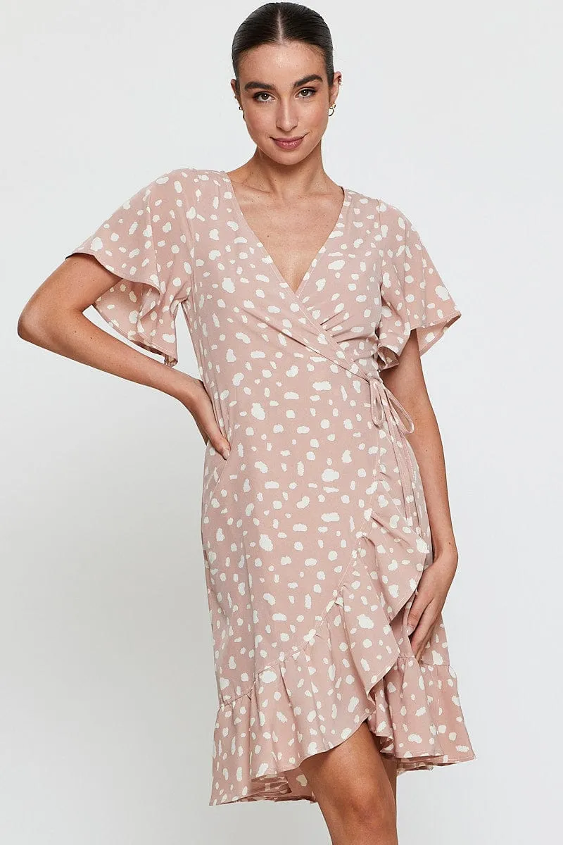 Charming Wardrobe Comfortable Wardrobe Geo Print Wrap Dress Short Sleeve Ruffle Hem