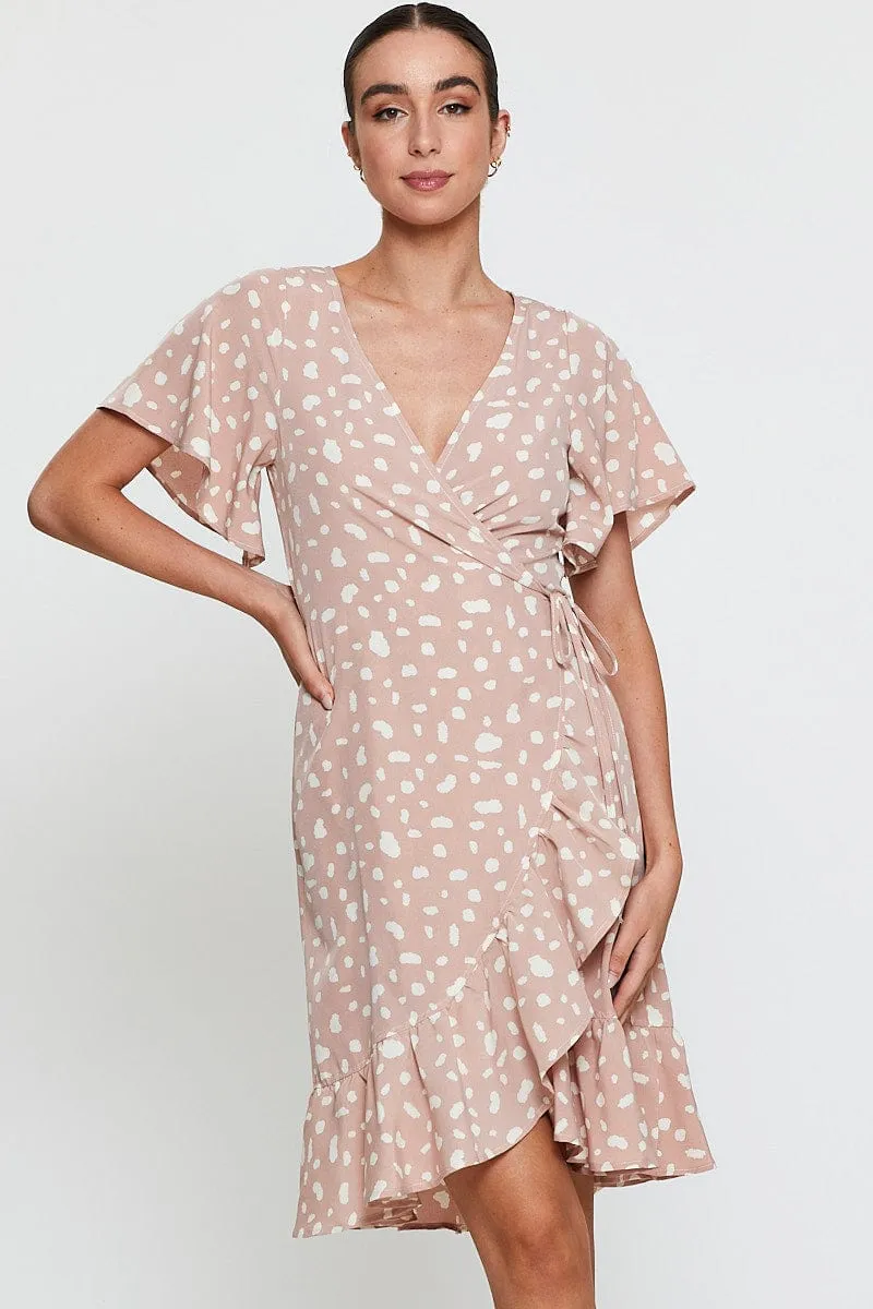 Stylish semi-formal dress Geo Print Wrap Dress Short Sleeve Ruffle Hem
