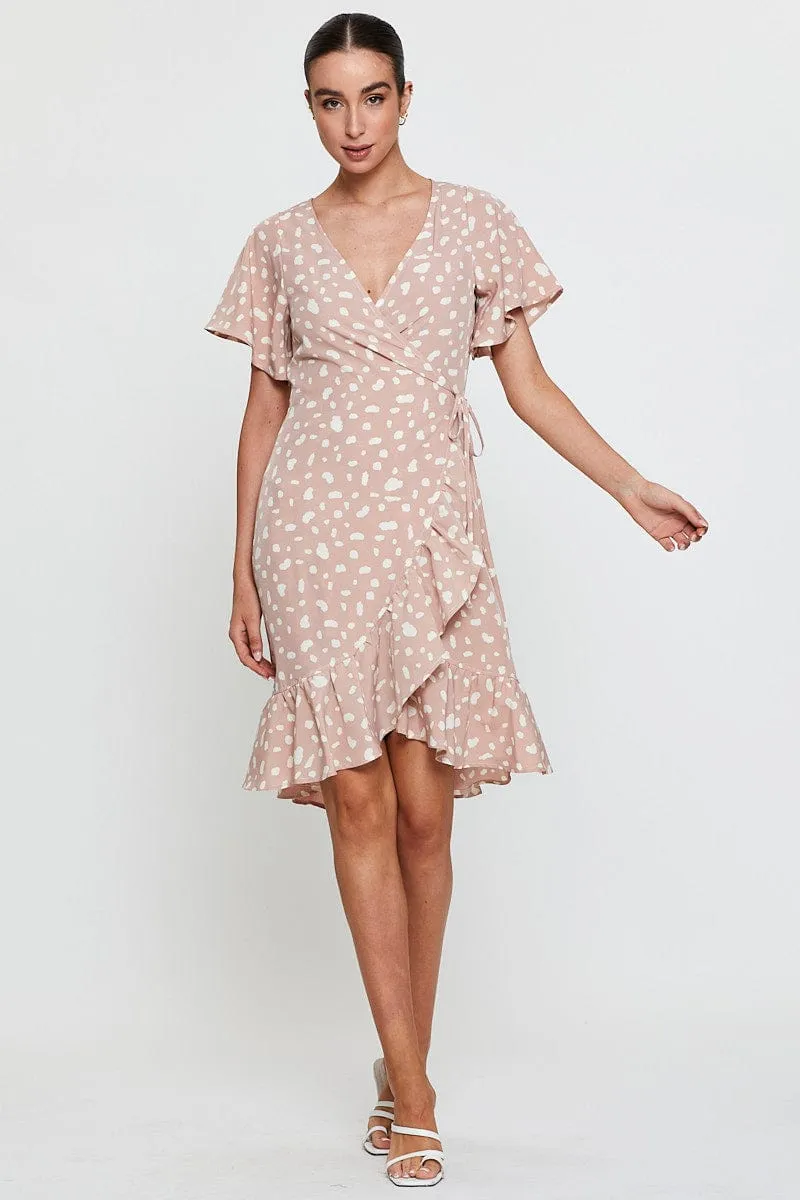 Geo Print Wrap Dress Short Sleeve Ruffle Hem Star Light Southern Belle