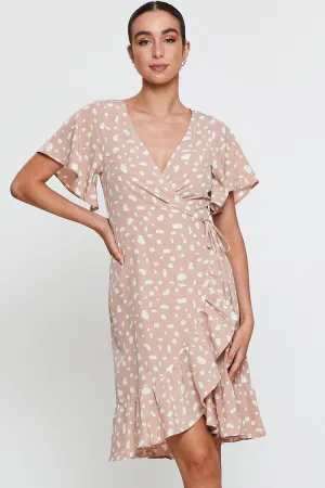 Stylish semi-formal dress Geo Print Wrap Dress Short Sleeve Ruffle Hem