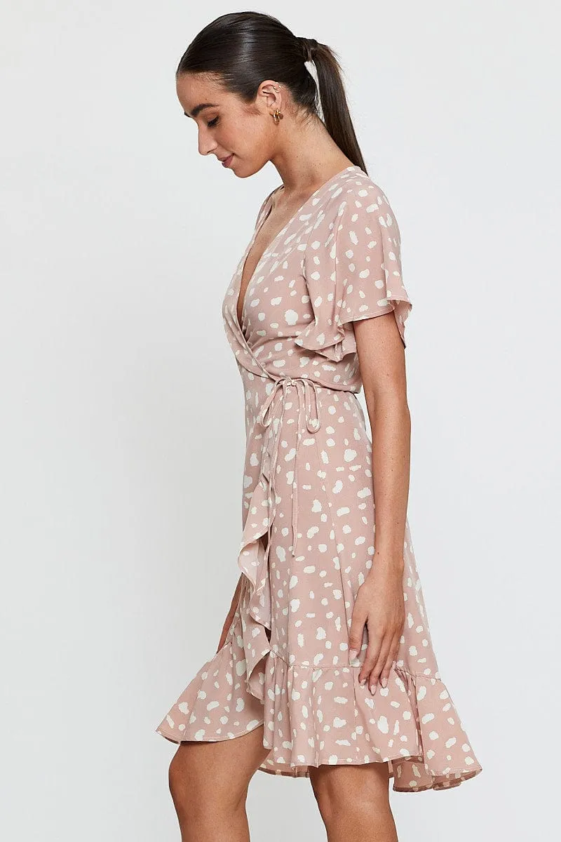 Tea Garden Gallery Tour Geo Print Wrap Dress Short Sleeve Ruffle Hem