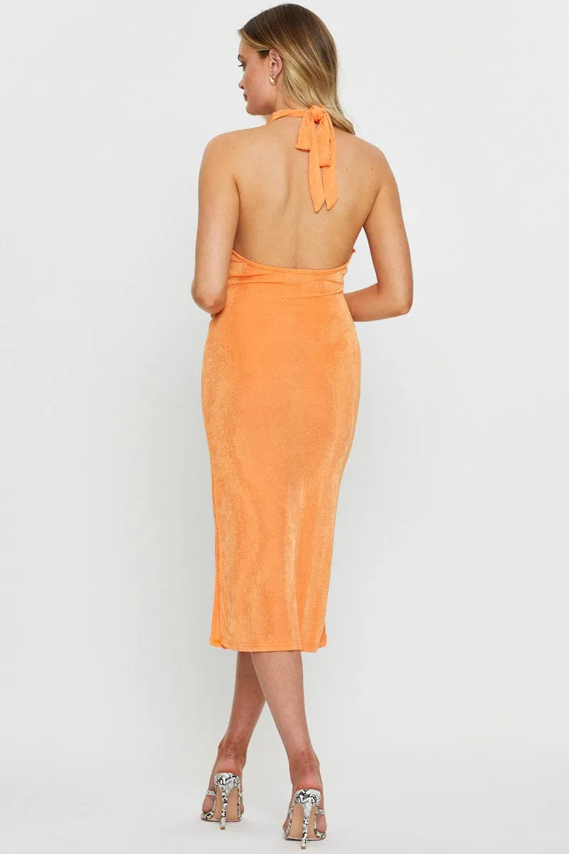 Modern Style Polished Comfort Orange Midi Dress Halter Neck