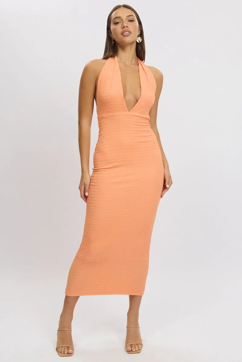 Photo Spot Relaxed fit for outings Orange Bodycon Dress Halter Neck Texured