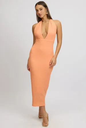 Orange Bodycon Dress Halter Neck Texured Sequin Glow Joyful Self